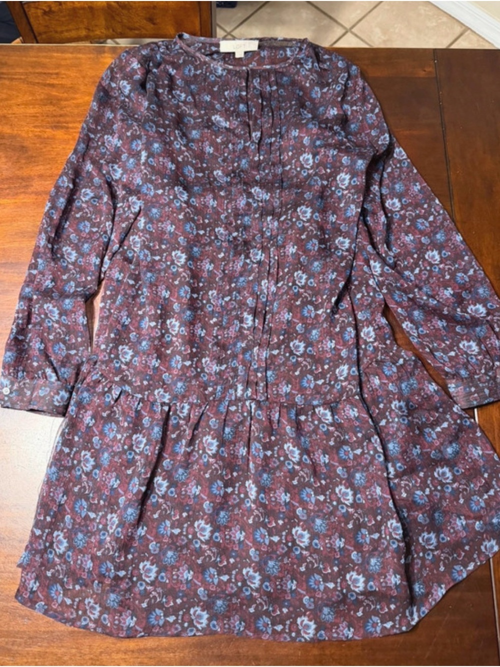 LOFT Womens Burgundy Dress with Blue Floral Print L